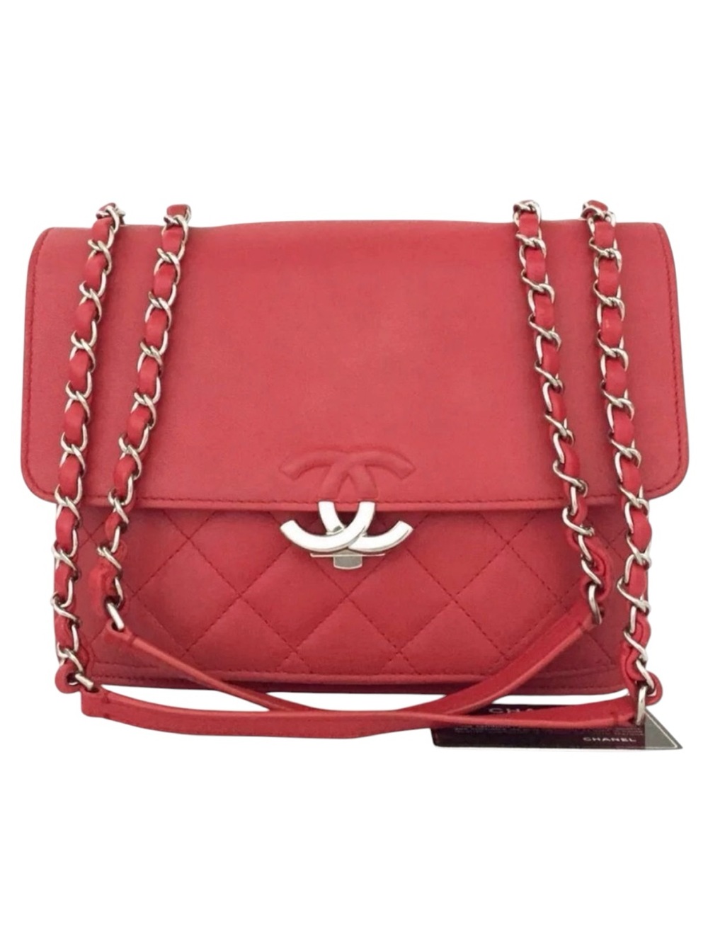 Auth Chanel Tramezzo Box Flap Double CC Logo Calfskin Chain Shoulder Bag Red